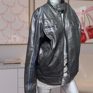 Vintage Y2K Faux-Leather Black W/ Blue Stripe Jacket